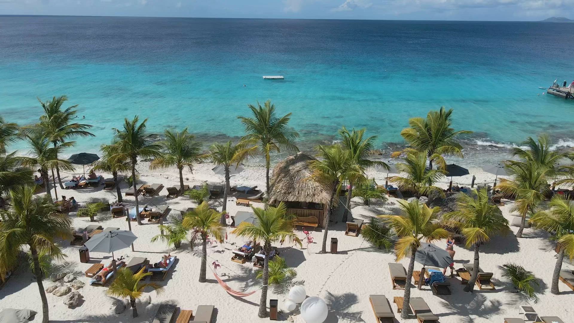 Strand met palmen en ligbedden aan helderblauwe zee bij Delfins Beach Resort